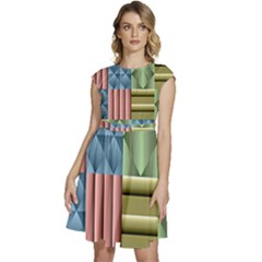 Patchwork Tile Pattern Mosaic Cap Sleeve High Waist Dress