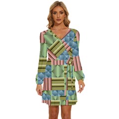 Patchwork Tile Pattern Mosaic Long Sleeve Waist Tie Ruffle Velvet Dress by Loisa77