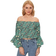 Illustration Pattern Seamless Off Shoulder Flutter Bell Sleeve Top