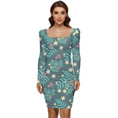 Illustration Pattern Seamless Women Long Sleeve Ruched Stretch Jersey Dress