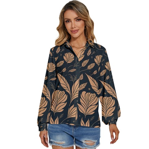 Background Pattern Leaves Texture Women s Long Sleeve Button Up Shirt by Loisa77