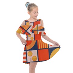 Square Shapes Pattern Design Kids  Shoulder Cutout Chiffon Dress by Loisa77