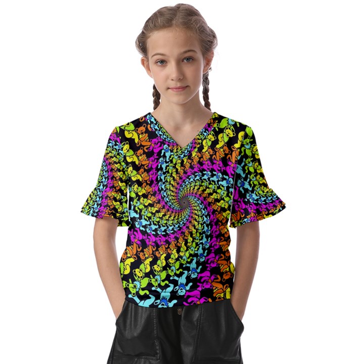 3d Grateful Dead 90 s Neon Dancing Bears Kids  V-Neck Horn Sleeve Blouse