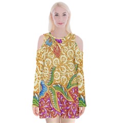 Batik Indonesian Culture Indonesia Authentic Velvet Long Sleeve Shoulder Cutout Dress