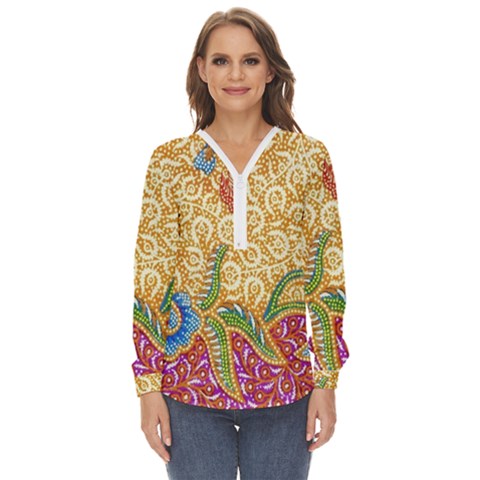 Batik Indonesian Culture Indonesia Authentic Zip Up Long Sleeve Blouse by Perong