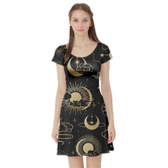 Asian Seamless Pattern With Clouds Moon Sun Stars Vector Collection Oriental Chinese Japanese Korean Short Sleeve Skater Dress