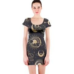 Asian Seamless Pattern With Clouds Moon Sun Stars Vector Collection Oriental Chinese Japanese Korean Short Sleeve Bodycon Dress