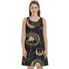 Asian Seamless Pattern With Clouds Moon Sun Stars Vector Collection Oriental Chinese Japanese Korean Round Neck Sleeve Casual Dress With Pockets by Perong