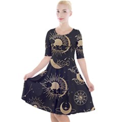 Asian Seamless Pattern With Clouds Moon Sun Stars Vector Collection Oriental Chinese Japanese Korean Quarter Sleeve A-line Dress by Perong