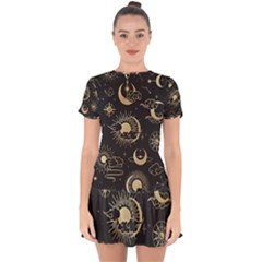 Asian Seamless Pattern With Clouds Moon Sun Stars Vector Collection Oriental Chinese Japanese Korean Drop Hem Mini Chiffon Dress by Perong