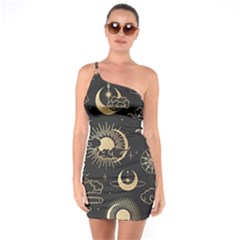 Asian Seamless Pattern With Clouds Moon Sun Stars Vector Collection Oriental Chinese Japanese Korean One Shoulder Ring Trim Bodycon Dress by Perong