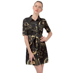 Asian Seamless Pattern With Clouds Moon Sun Stars Vector Collection Oriental Chinese Japanese Korean Belted Shirt Dress by Perong