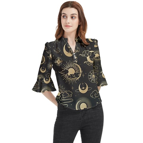 Asian Seamless Pattern With Clouds Moon Sun Stars Vector Collection Oriental Chinese Japanese Korean Loose Horn Sleeve Chiffon Blouse by Perong