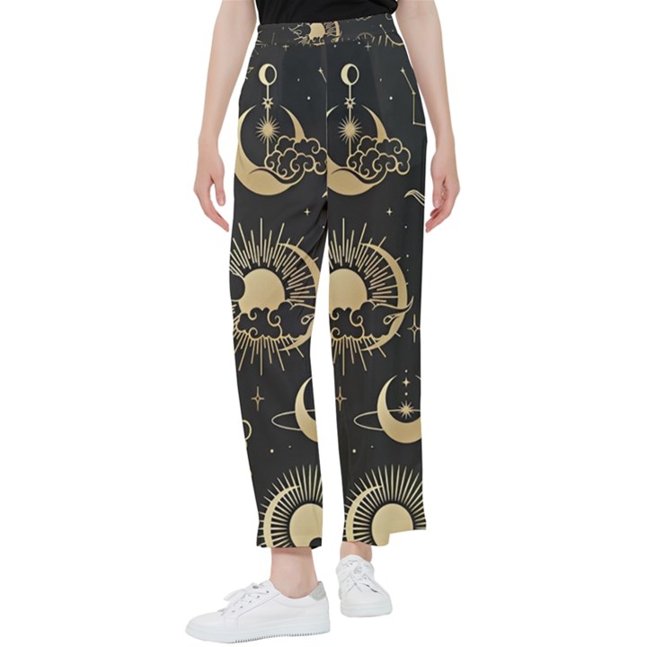 Asian Seamless Pattern With Clouds Moon Sun Stars Vector Collection Oriental Chinese Japanese Korean Women s Pants 