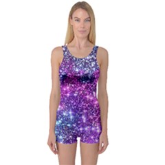 Purple Violet Glitter Galaxy Nebula Space Pattern One Piece Boyleg Swimsuit by Perong