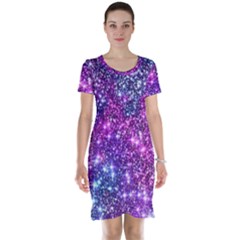 Purple Violet Glitter Galaxy Nebula Space Pattern Short Sleeve Nightdress