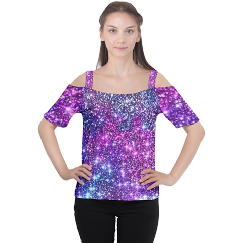 Purple Violet Glitter Galaxy Nebula Space Pattern Cutout Shoulder T-shirt by Perong