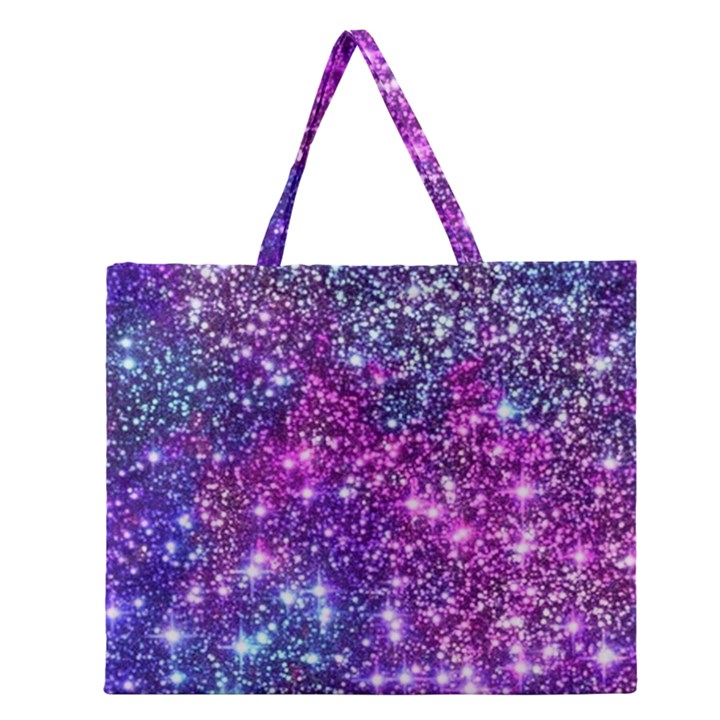 Purple Violet Glitter Galaxy Nebula Space Pattern Zipper Large Tote Bag