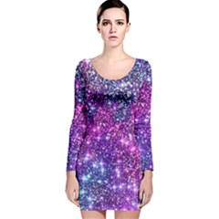 Purple Violet Glitter Galaxy Nebula Space Pattern Long Sleeve Velvet Bodycon Dress