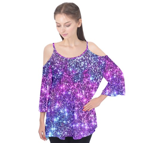 Purple Violet Glitter Galaxy Nebula Space Pattern Flutter Sleeve T-shirt by Perong