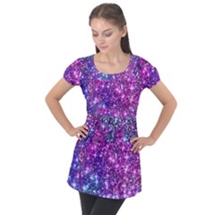 Purple Violet Glitter Galaxy Nebula Space Pattern Puff Sleeve Tunic Top