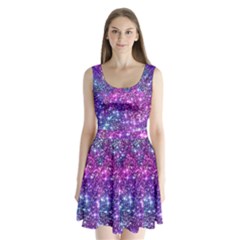 Purple Violet Glitter Galaxy Nebula Space Pattern Split Back Mini Dress  by Perong