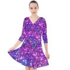 Purple Violet Glitter Galaxy Nebula Space Pattern Quarter Sleeve Front Wrap Dress