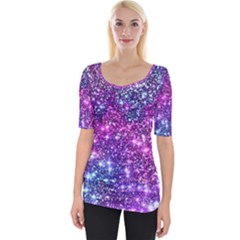 Purple Violet Glitter Galaxy Nebula Space Pattern Wide Neckline T-Shirt