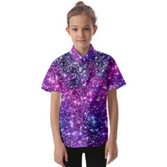 Purple Violet Glitter Galaxy Nebula Space Pattern Kids  Short Sleeve Shirt