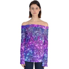 Purple Violet Glitter Galaxy Nebula Space Pattern Off Shoulder Long Sleeve Top