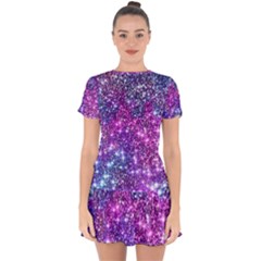 Purple Violet Glitter Galaxy Nebula Space Pattern Drop Hem Mini Chiffon Dress by Perong