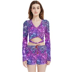 Purple Violet Glitter Galaxy Nebula Space Pattern Velvet Wrap Crop Top And Shorts Set by Perong