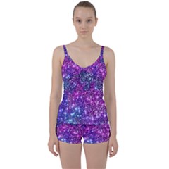 Purple Violet Glitter Galaxy Nebula Space Pattern Tie Front Two Piece Tankini