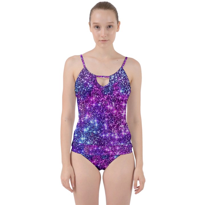 Purple Violet Glitter Galaxy Nebula Space Pattern Cut Out Top Tankini Set