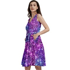 Purple Violet Glitter Galaxy Nebula Space Pattern Sleeveless V-neck Skater Dress With Pockets by Perong