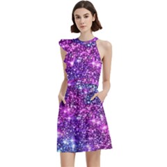 Purple Violet Glitter Galaxy Nebula Space Pattern Cocktail Party Halter Sleeveless Dress With Pockets by Perong