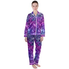 Purple Violet Glitter Galaxy Nebula Space Pattern Women s Long Sleeve Satin Pajamas Set	