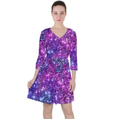 Purple Violet Glitter Galaxy Nebula Space Pattern Quarter Sleeve Ruffle Waist Dress