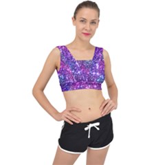 Purple Violet Glitter Galaxy Nebula Space Pattern V-Back Sports Bra