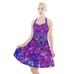 Purple Violet Glitter Galaxy Nebula Space Pattern Halter Party Swing Dress 