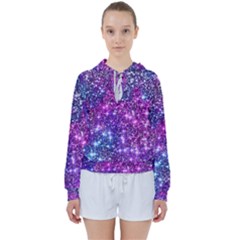 Purple Violet Glitter Galaxy Nebula Space Pattern Women s Tie Up Sweat