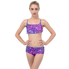 Purple Violet Glitter Galaxy Nebula Space Pattern Layered Top Bikini Set by Perong