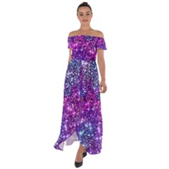 Purple Violet Glitter Galaxy Nebula Space Pattern Off Shoulder Open Front Chiffon Dress by Perong