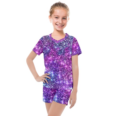 Purple Violet Glitter Galaxy Nebula Space Pattern Kids  Mesh T-shirt And Shorts Set by Perong