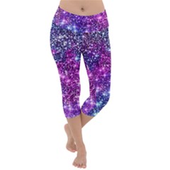 Purple Violet Glitter Galaxy Nebula Space Pattern Lightweight Velour Capri Yoga Leggings