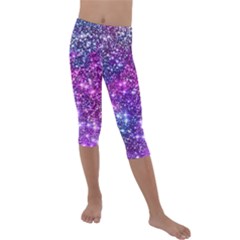 Purple Violet Glitter Galaxy Nebula Space Pattern Kids  Lightweight Velour Capri Leggings 