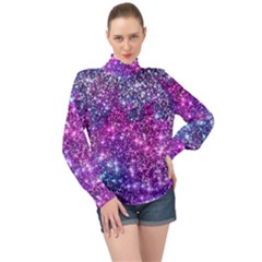 Purple Violet Glitter Galaxy Nebula Space Pattern High Neck Long Sleeve Chiffon Top