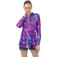 Purple Violet Glitter Galaxy Nebula Space Pattern Long Sleeve Satin Shirt