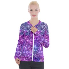 Purple Violet Glitter Galaxy Nebula Space Pattern Casual Zip Up Jacket