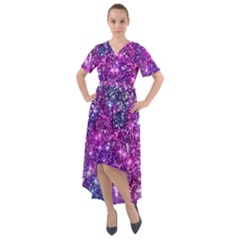 Purple Violet Glitter Galaxy Nebula Space Pattern Front Wrap High Low Dress